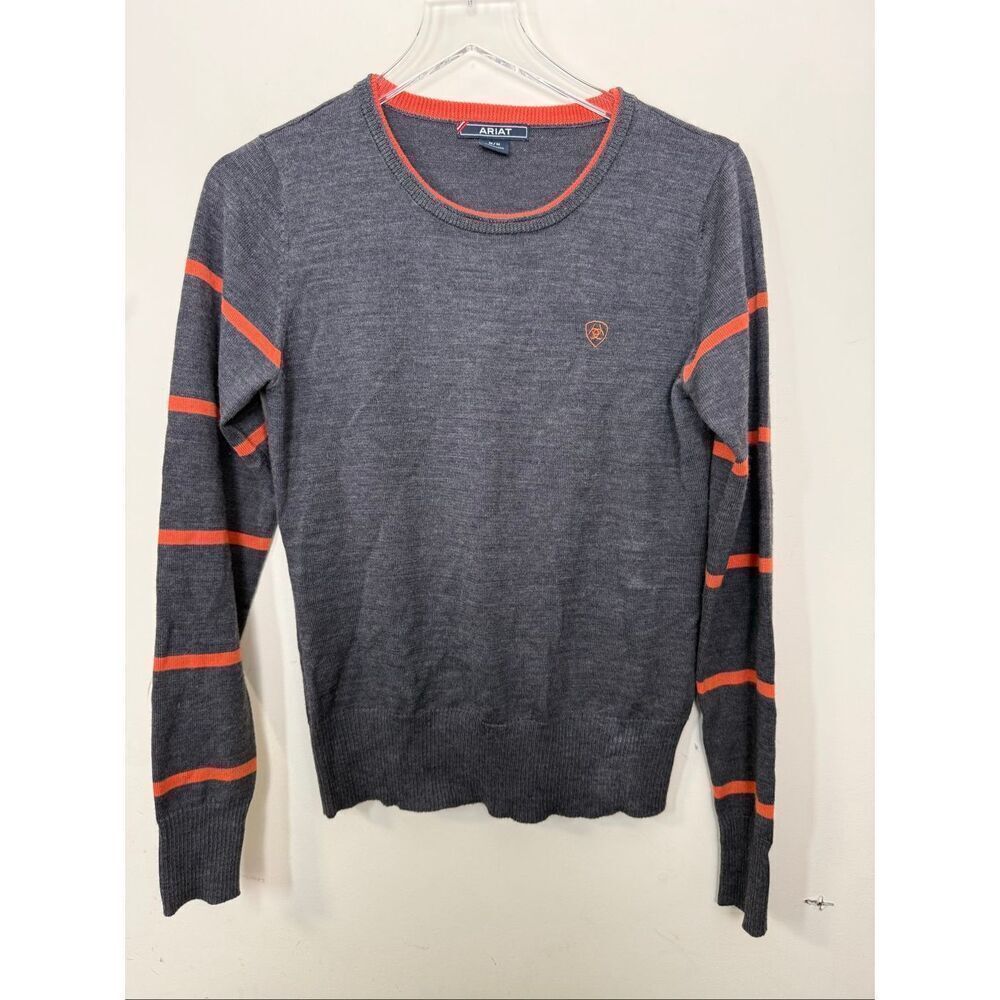 Ariat Gray Orange Merino Wool Sweater Women’s Medium Equestrian Riding Lightweig